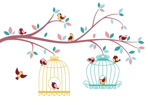 Oiseaux volant hors cage arbre branche carte silhouette — Image vectorielle