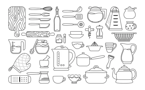 Ustensiles de cuisine outils de cuisine ligne noire outils vaisselle — Image vectorielle