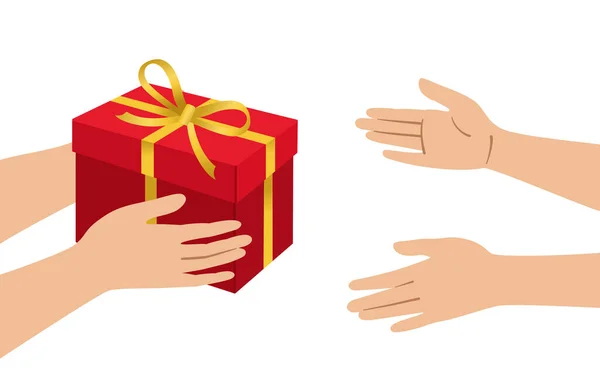 Mains donner boîte rouge or accepter cadeau dessin animé vecteur — Image vectorielle