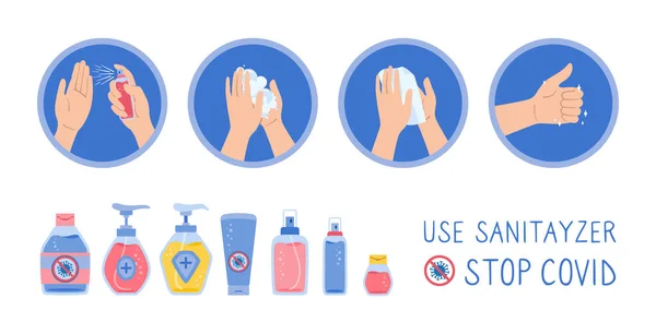 Las manos usan desinfectante jabón lavado conjunto de dibujos animados vector — Vector de stock