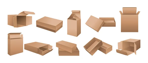 Caja maqueta de cartón realista conjunto paquete de papel — Vector de stock