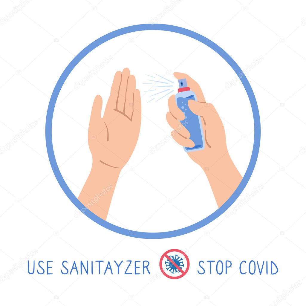 Poster use hand sanitizer here cartoon sign vector
