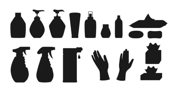 Disinfection sanitizer black silhouette set vector — Archivo Imágenes Vectoriales