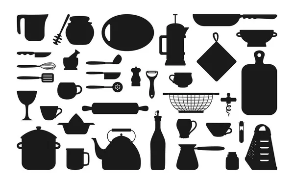 Cookware kitchen tools black silhouette set vector — Archivo Imágenes Vectoriales