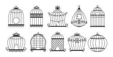 Kuş kafesleri siyah siluet set Vintage kafes kuşu