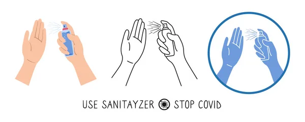 Руки иконы держат антибактериальный антивирусный спрей — стоковый вектор
