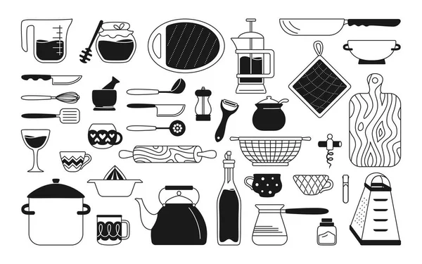 Ustensiles de cuisine outils noir monochrome ensemble vecteur — Image vectorielle