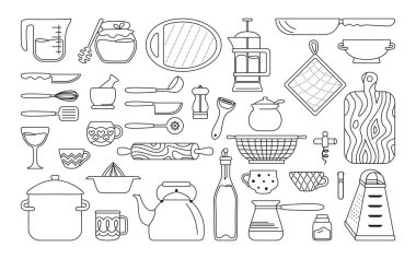 Mutfak gereçleri siyah çizgi çizgi film seti pişirme aracı