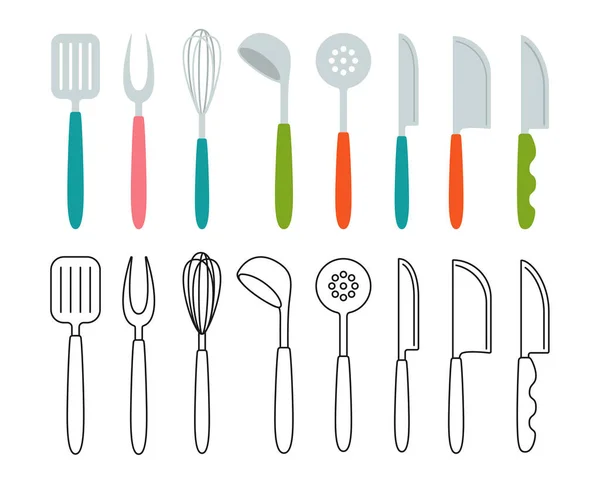 Köksredskap gaffel sked redskap tecknad serie set — Stock vektor