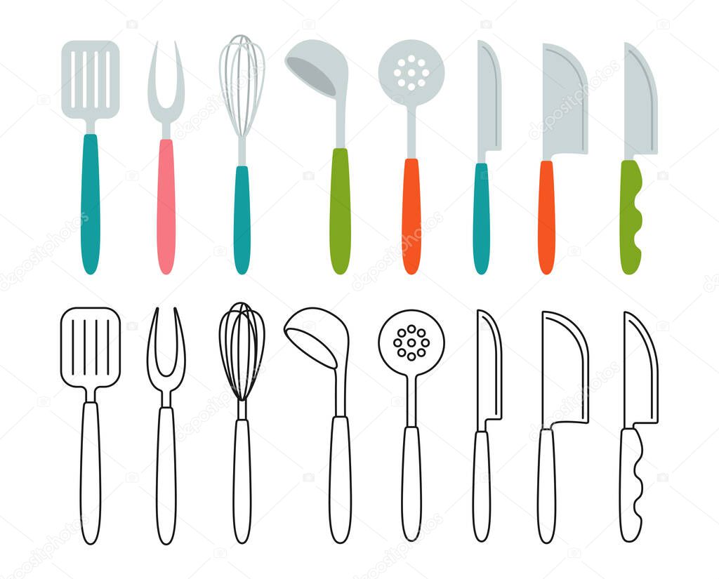 Kitchen tools fork spoon utensils cartoon set