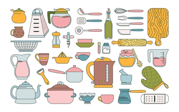 Herramienta de cocina conjunto plano de dibujos animados preparación de alimentos — Archivo Imágenes Vectoriales