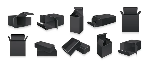 Şablon siyah 3D kutu maketi gerçekçi ürün — Stok Vektör