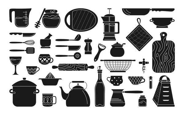 Ustensiles de cuisine outils de cuisine ligne noire outils vaisselle — Image vectorielle