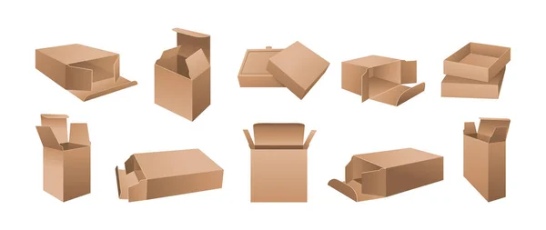 Plantilla de conjunto 3D de maqueta de caja de cartón realista — Vector de stock