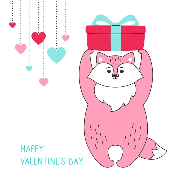 ( 영어 ) Fox gift box Happy valentines Day greeting card — 스톡 벡터