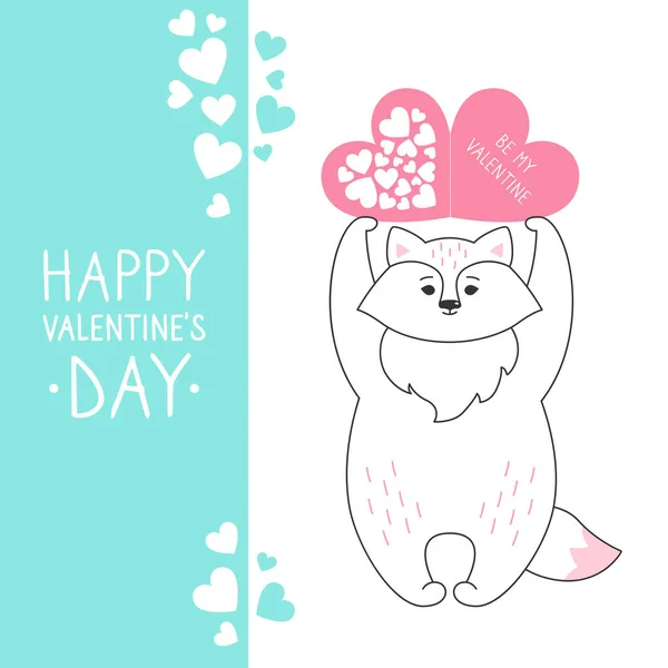 Fox valentine heart love card Happy valentines Day — Stock Vector