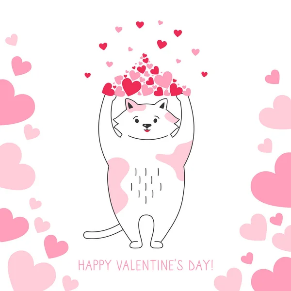 고양이 선물 마운트 사랑과 심장 발렌타인 카드 — 스톡 벡터