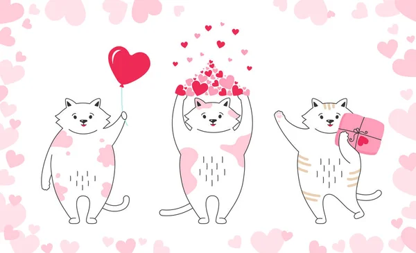 グリーティングカード用の猫漫画セット｜Valentines Day — ストックベクタ