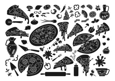 Pizza çizgi filmi siyah kabartma İtalyan simge vektörü