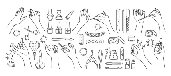 Manicura manual cuidado herramientas línea conjunto vector — Archivo Imágenes Vectoriales