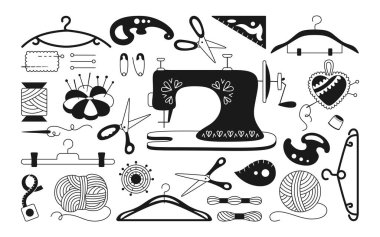 Monokrom set makas iğne vektörü dikilüyor