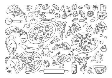 Pizza çizgi filmi siyah çizgi İtalyan simge vektörünü ayarladı