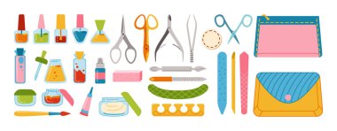 Manikür ekipmanları çizgi film çivi araçları vektörü