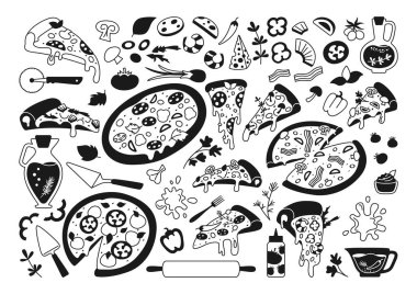 Pizza çizgi filmi siyah kabartma monokrom vektörü.