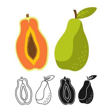 Papaya Hawai karikatür kümesi ikon vektör illüstrasyonu