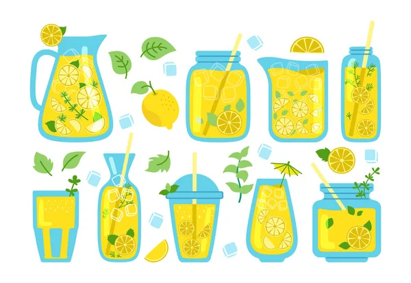 Limonade in pot munt cocktails cartoon set vector — Stockvector