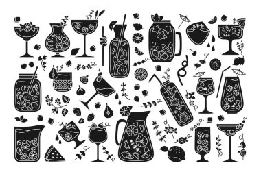 Tropikal kokteyller, siyah kabartma içecek vektörü.