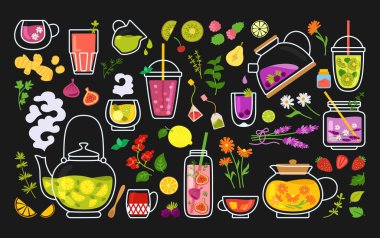 Bir fincan çay kokteyli, karikatür seti çaydanlık siyahı.