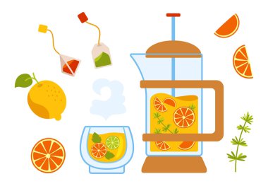 Çay çizgi filmi limonlu çaydanlık poşeti çaydanlık vektörü.