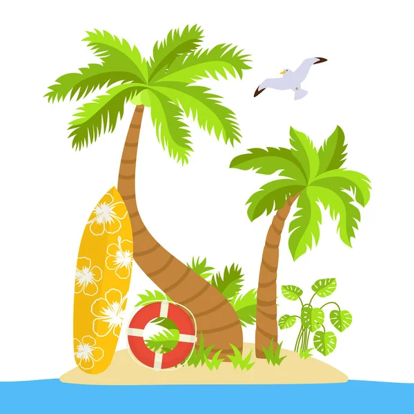 Tropicale spiaggia cartone animato tavola da surf palma vettore mare — Vettoriale Stock