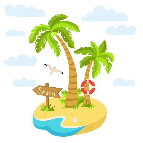 Tropik plaj düz çizgi film adası Palmiye Denizi vektörü — Stok Vektör
