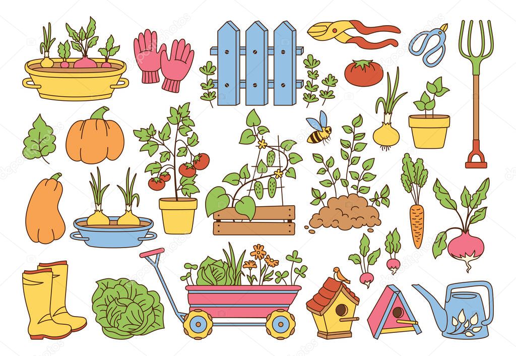 Garden cartoon set vegetable secateurs cart vector