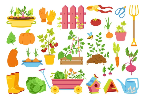 Garden cartoon set vegetable secateurs cart vector — Stock Vector