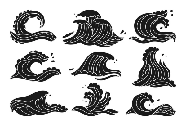 Vagues de mer doodle ensemble océan croquis vecteur d'eau — Image vectorielle