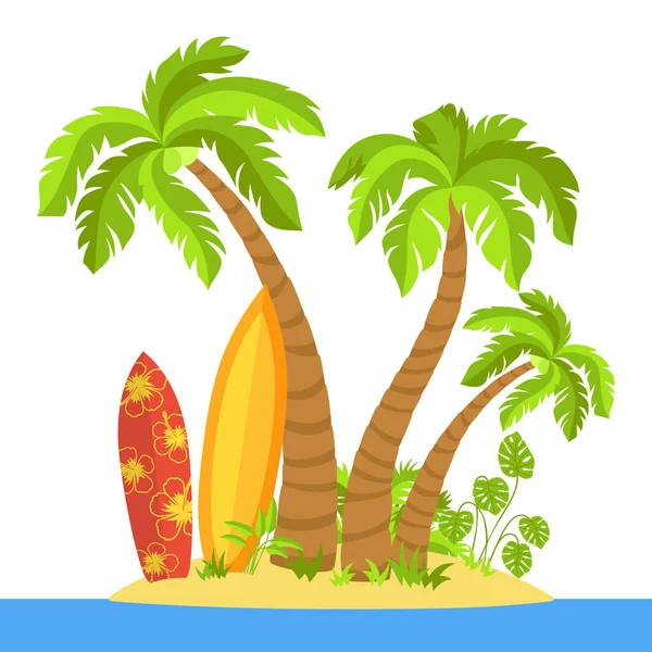 Tropik plaj karikatürü sörf tahtası palmiye deniz vektörü — Stok Vektör