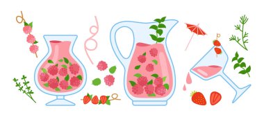 Kokteyl ahududu çizgi film örtüsü, içecek vektörü.