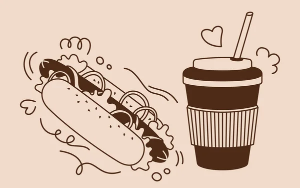 Fast Food Hotdog Soda zum Mitnehmen Cartoon Set Vektor — Stockvektor