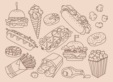 Fast food el çizimi vintage set vektör kafe menüsü
