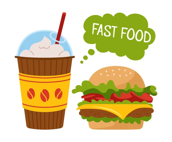 Fast food burger soda takeaway doodle set vector — Stock Vector