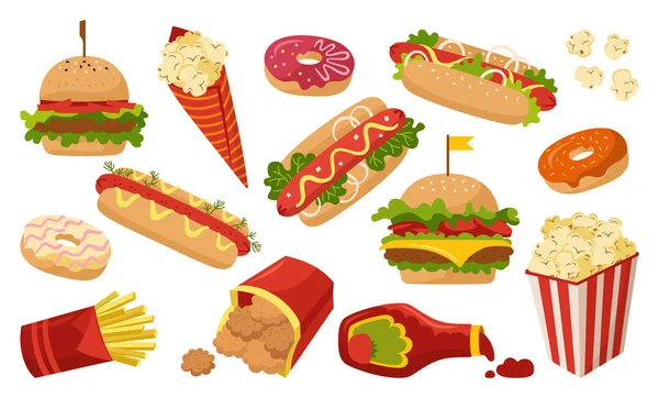 Rychlé občerstvení karikatura set koblihy menu chutné oběd vektor — Stockový vektor
