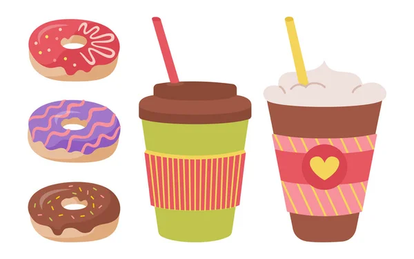 Coffee cup donut cartoon set doughnut icon vector — Stock Vector