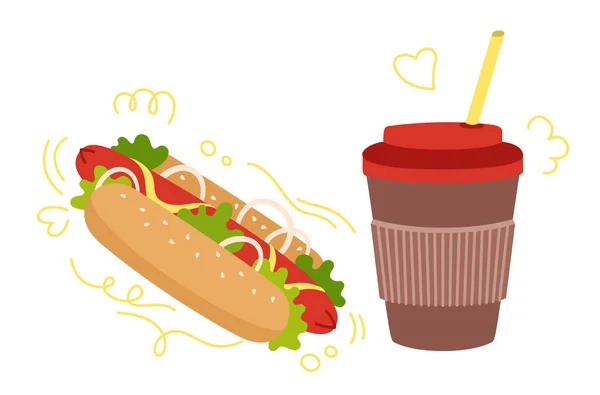 Fast Food Hotdog Soda zum Mitnehmen Farbset Vektor — Stockvektor