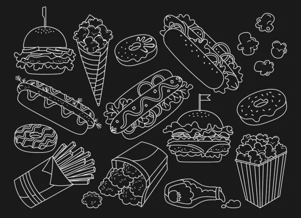 Fast food mano disegnato set vettore hamburger hot dog — Vettoriale Stock