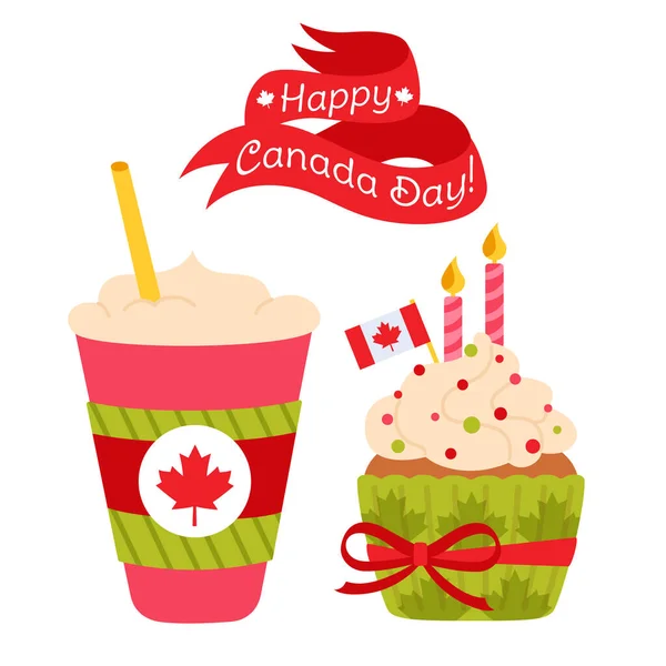 Cartão feliz Canadá Dia cartoon copo cupcake vetor —  Vetores de Stock