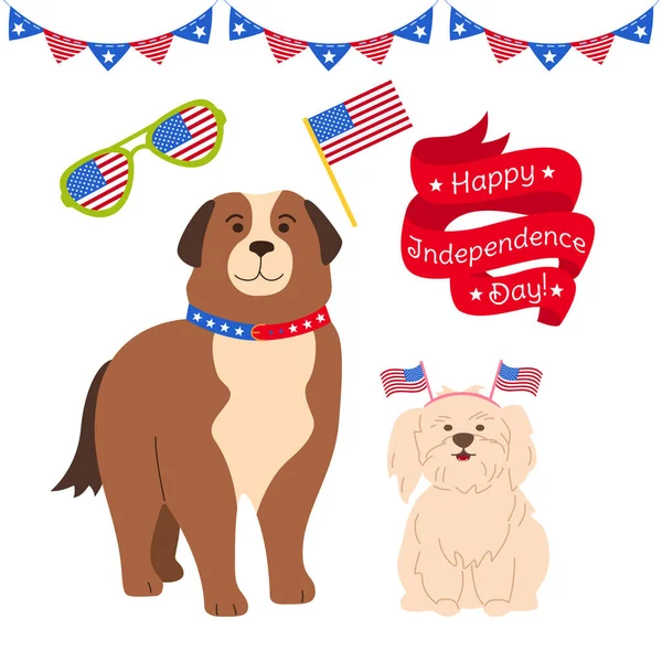 Perro set americano independencia día patriótico nosotros mascota — Vector de stock