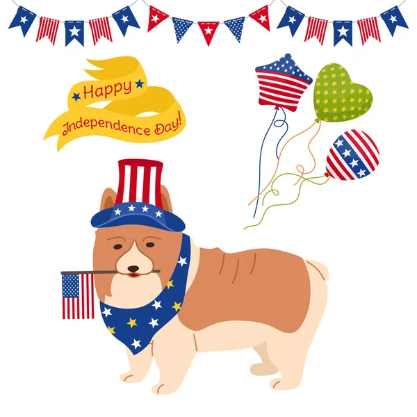 Día de la Independencia Americana conjunto de dibujos animados vector corgi — Vector de stock